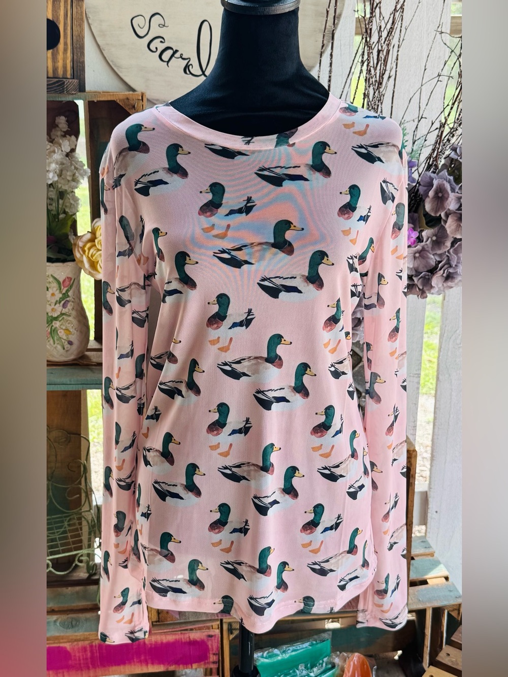 Women's Pink Duck-Print Long Sleeve Mesh Top - Blakely